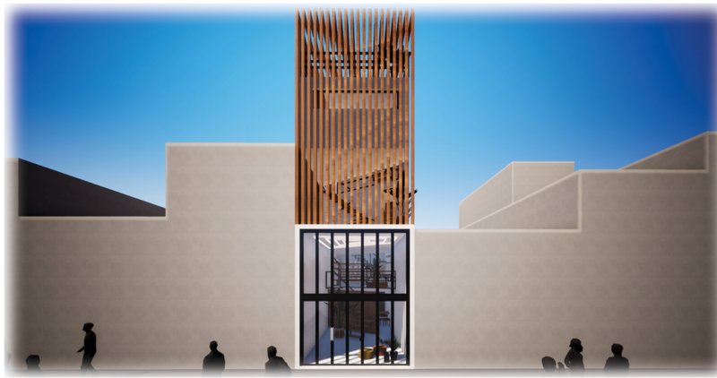 Street elevation with timber screen tower above recessed glazed entry and figures gathered at the threshold