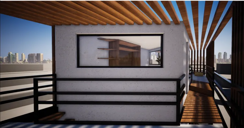 Rooftop terrace with radiating timber pergola beams casting shadows on the slatted deck under clear sky