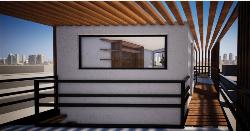 Rooftop terrace with radiating timber pergola beams casting shadows on the slatted deck under clear sky