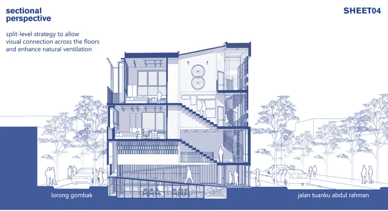 Sectional perspective drawing showing split-level interior spaces with stairs, figures, and surrounding trees