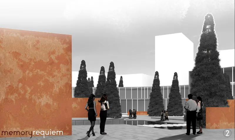 Rendered courtyard view with orange and white volumes flanking visitors among dark cypress trees under grey sky