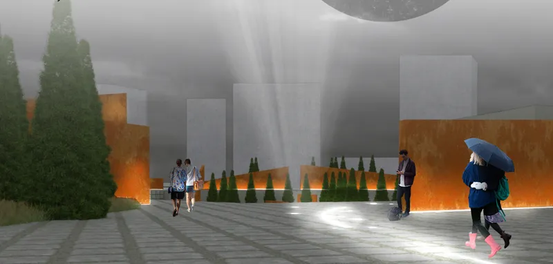 Evening view of backlit orange wall beneath grey volumes with visitors walking on paved plaza holding umbrella