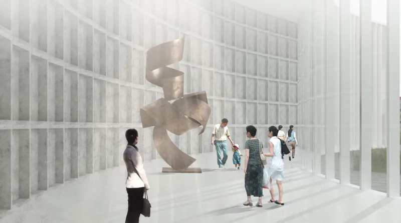 Interior view showing folded metal sculpture on white gridded floor with visitors passing through translucent columns