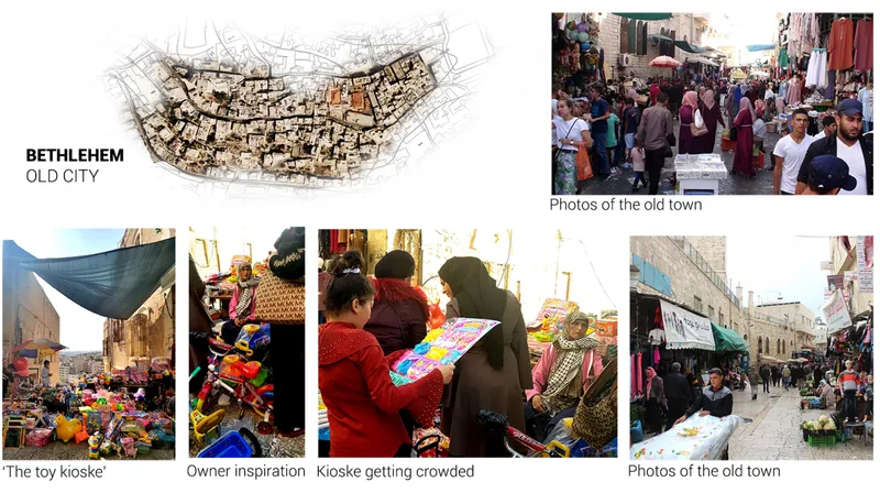 Site plan drawing showing dense urban fabric with highlighted intervention zones and collage of market streets