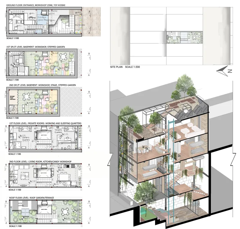 Floor plans and axonometric cutaway showing stacked levels with workshops, gardens and residential spaces