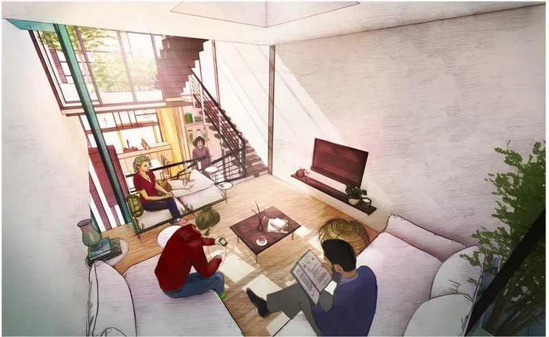 Interior rendering of living area with timber table, figures seated on floor and angled glazed facade