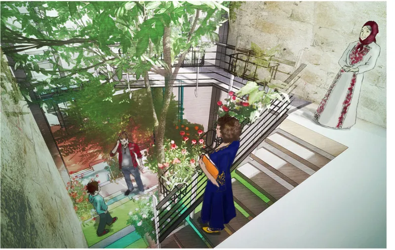 Perspective rendering of an interior courtyard with timber stairs, a large tree overhead and people gathered below