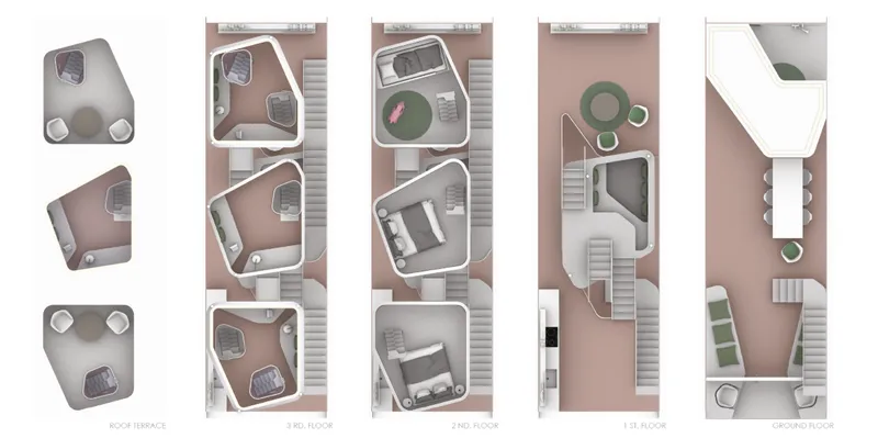 Series of floor plans from roof terrace to ground level showing curved white volumes within each story