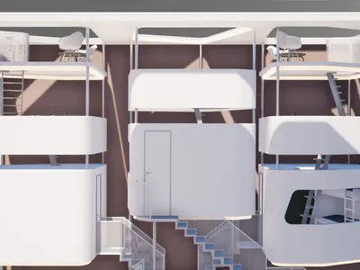Hanging Spaces: Suspended Residential Pods Float Inside a Shared Vertical Volume