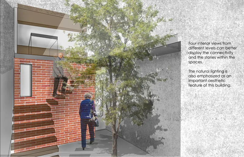 Interior perspective of a stairwell with red brick wall, a figure descending, and a tree visible beyond