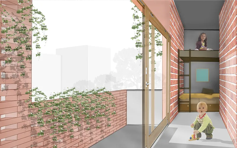 Interior balcony view with glazed timber doors opening to a planted courtyard with climbing vines on brick walls
