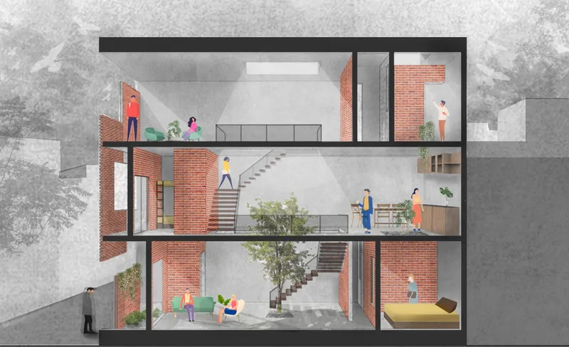 Section drawing showing three floors with exposed brick walls, staircases, and figures inhabiting the spaces
