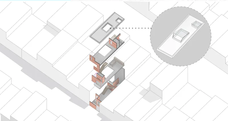 Axonometric drawing of modular volumes with brick cores arranged around a central courtyard in urban context