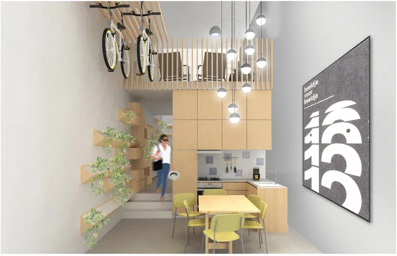 Double-height space with timber staircase, hanging bicycle, cluster of pendant lights, and yellow dining table