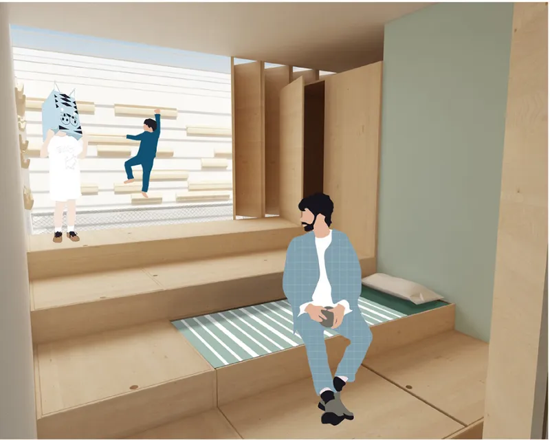 Plywood staircase with integrated seating and two figures near horizontal slat screens