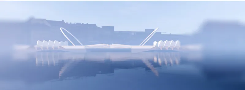 Bridge structure with symmetrical arched supports and tensioned cables reflected in still water