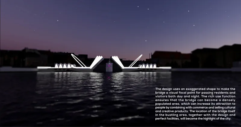 Illuminated bridge structure spanning water at twilight with purple sky and emerging stars