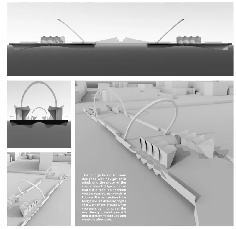 Physical model showing bridge elevation and aerial views with arched deck and cable supports