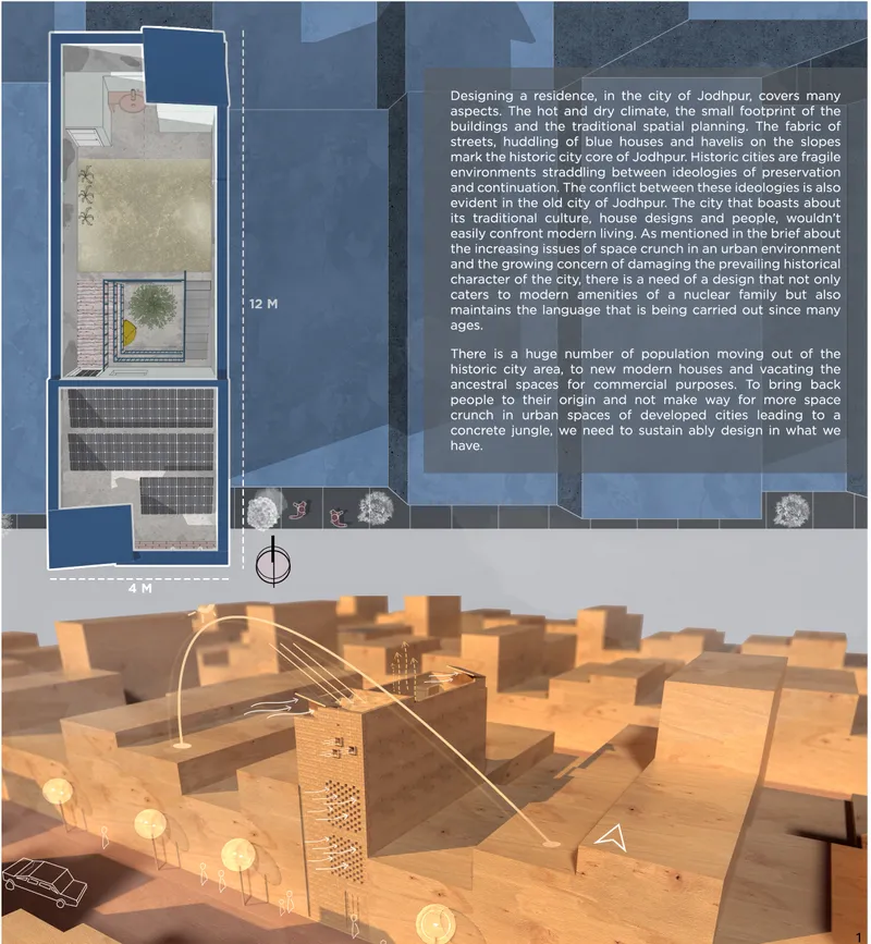 Site plan and rendered aerial view of a residence with a perforated brick tower among low surrounding structures