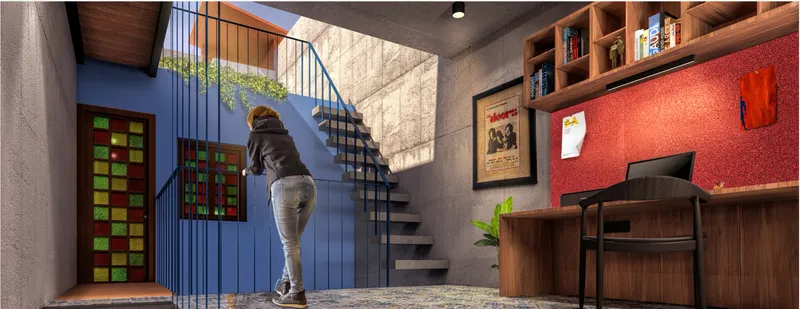 Interior entry space with floating metal staircase, colorful glass block panel, and concrete walls