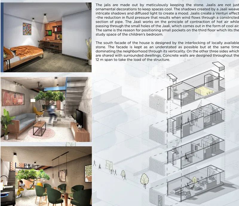 Axonometric drawing showing stacked floor levels with interior spaces and perforated brick skin on one side