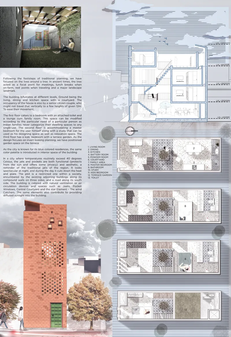 Section drawing and floor plans showing multi-level residence with terrace gardens and patterned brick facade