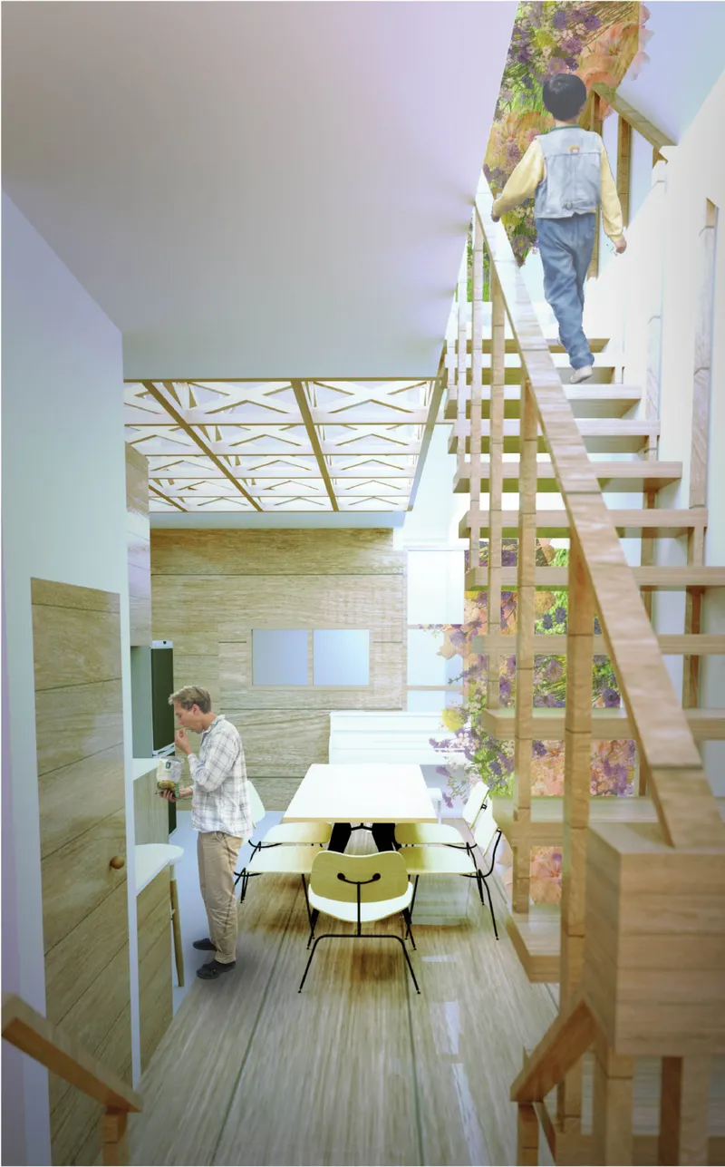 Open timber staircase ascending past a dining area with lattice ceiling and planted window wall