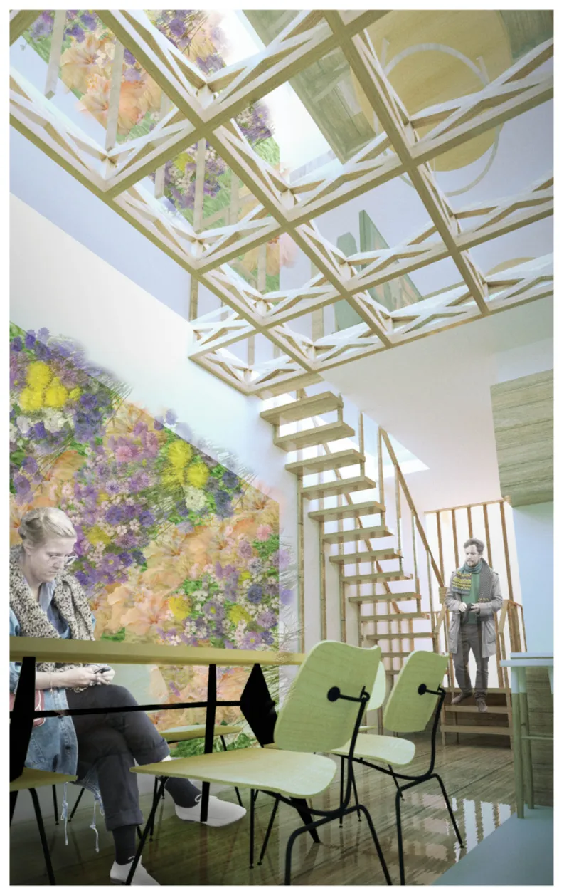 View upward through lattice ceiling structure with open timber stair connecting to upper dining level