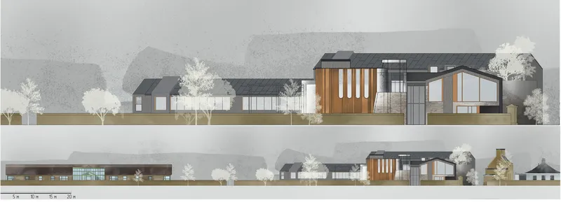 Elevation drawings showing the multi-building complex with timber cladding and varied roof forms among existing trees
