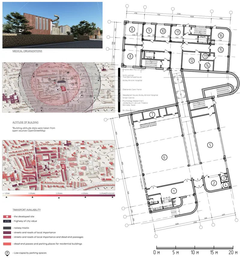 Floor plan with numbered rooms alongside context maps showing transport routes and urban grain in red tones