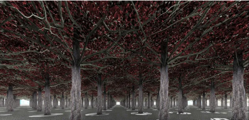 Interior hall with tree-like concrete columns supporting a red canopy ceiling under natural light from perimeter openings