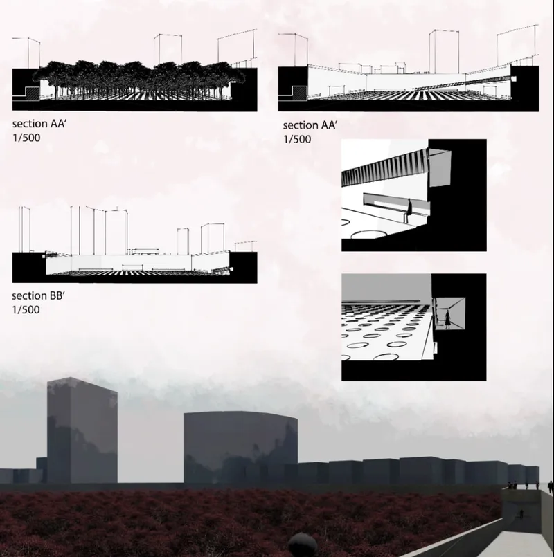 Section drawings showing the building with tree canopy, underground spaces, and distant tower volumes through misty landscape