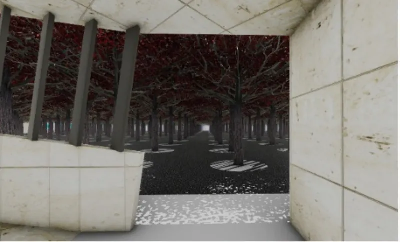 View through concrete portal into colonnade space with tree-branch ceiling and a lone visitor silhouette