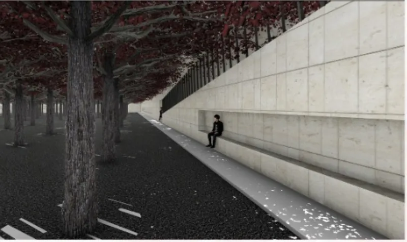 Sloped concrete wall alongside tree trunks with a person seated on the angled surface beneath the red canopy