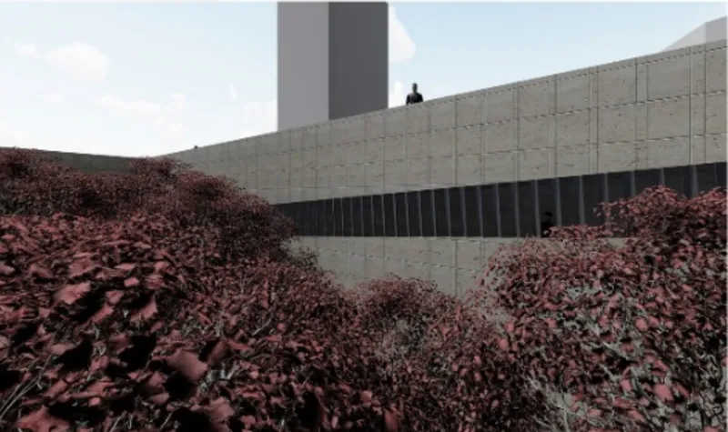 Exterior view of concrete volumes with a figure on the upper terrace surrounded by red-toned planted slopes