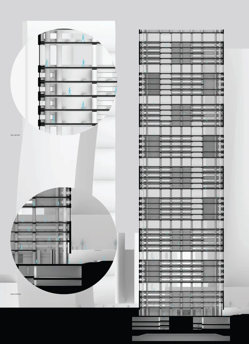 Section drawing of the tower showing floor plates and structural grid with inset details