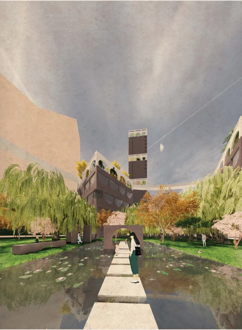 Rendered view of the linear reflecting pool with stepping stones, willow trees, and tower in the distance