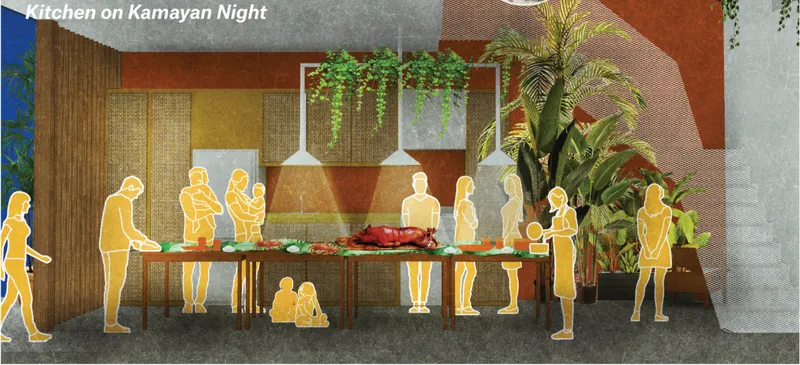 Rendered interior view of dining area with pendant lights, orange wall, and hanging plants