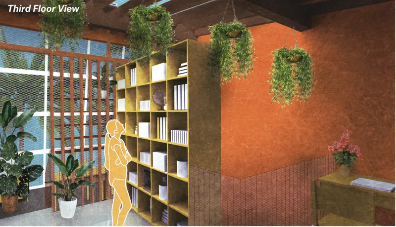 Library corner with yellow shelving, terracotta wall, and suspended planters with trailing greenery