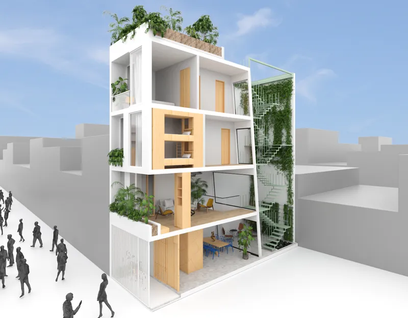 Sectional perspective rendering showing four open floors with rooftop garden and pedestrians on the sidewalk