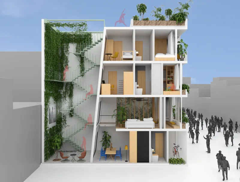 Sectional perspective rendering revealing interior living spaces with planted green wall staircase and street-level gathering