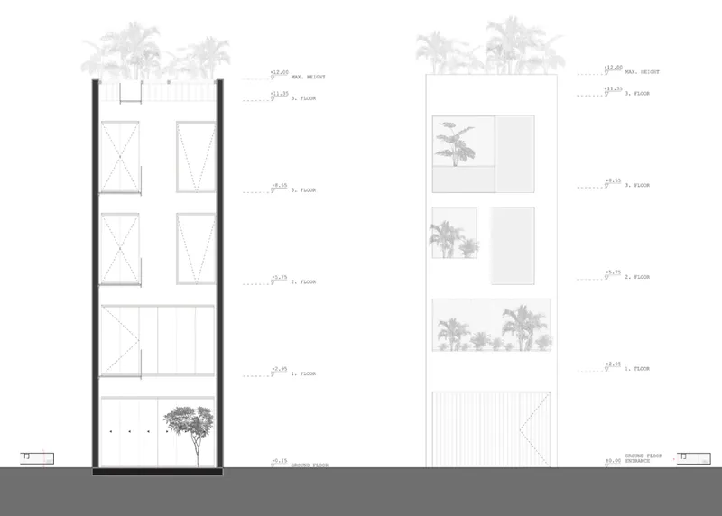 Front and rear elevation drawings showing four-story volume with floor heights and planted openings