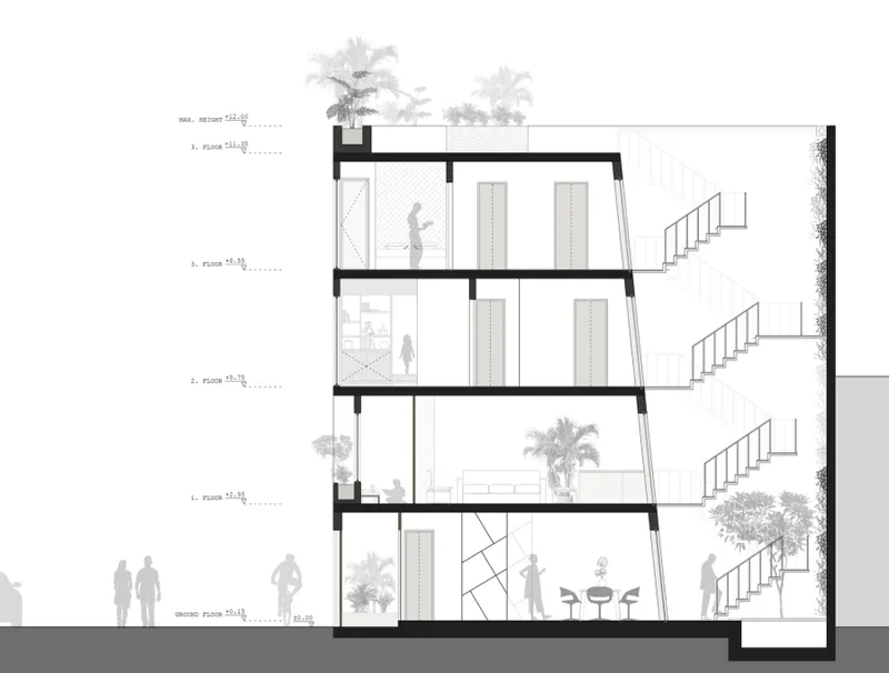 Section drawing showing interior floor levels with external staircase and planted terraces throughout