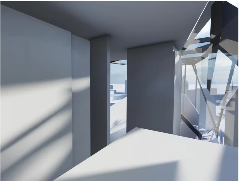Minimalist interior corner with angular steel framework visible through glazed opening casting diagonal shadows
