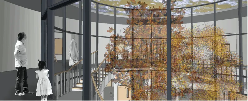 Interior balcony view through steel-framed glazing to autumn trees with two figures standing