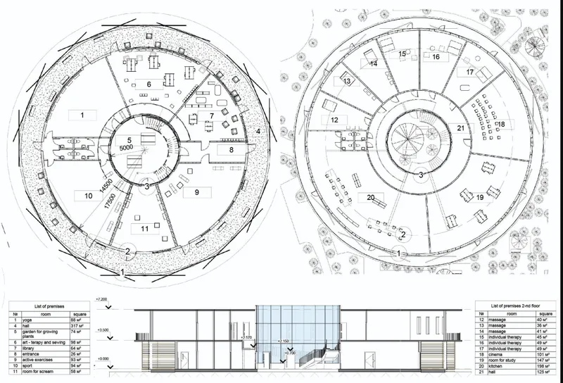 Floor plans and section drawing showing circular building with radial layout and central core