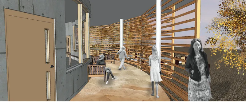 Covered walkway with horizontal timber slat screens and figures passing through in daylight