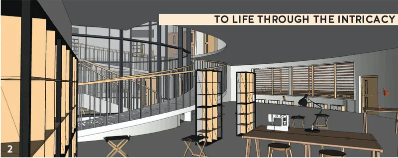 Interior section view showing curved staircase connecting multiple levels with workspaces