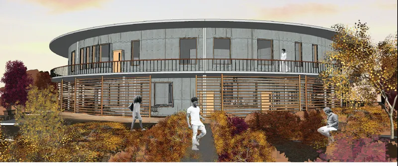 Exterior view of the cylindrical building with horizontal timber screens and autumn planting