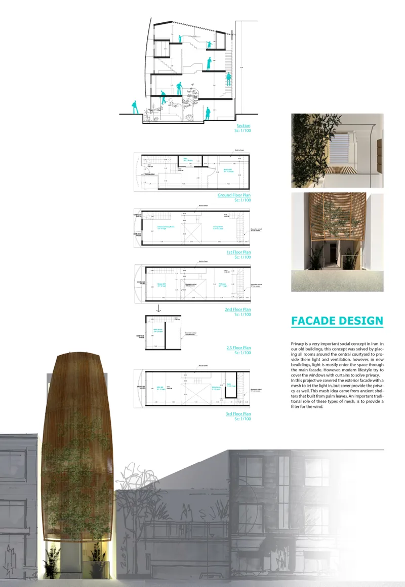 Section drawing and street elevation rendering showing narrow vertical facade with planted skin and uplighting